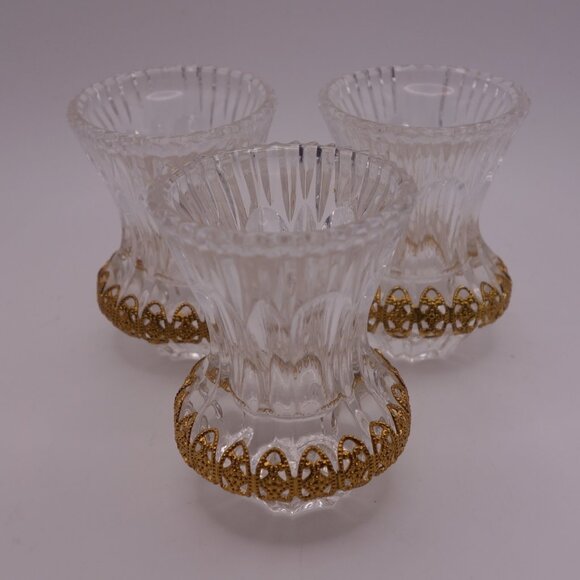 Set of Three(3) Crystal Toothpick Holders with Gold Color Metal Decoration - Picture 1 of 13
